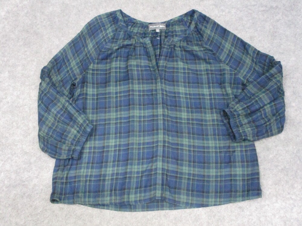 Michael Stars Top Womens Large L Blue Pullover 3/4 Sleeve Shirt Plaid Henley
